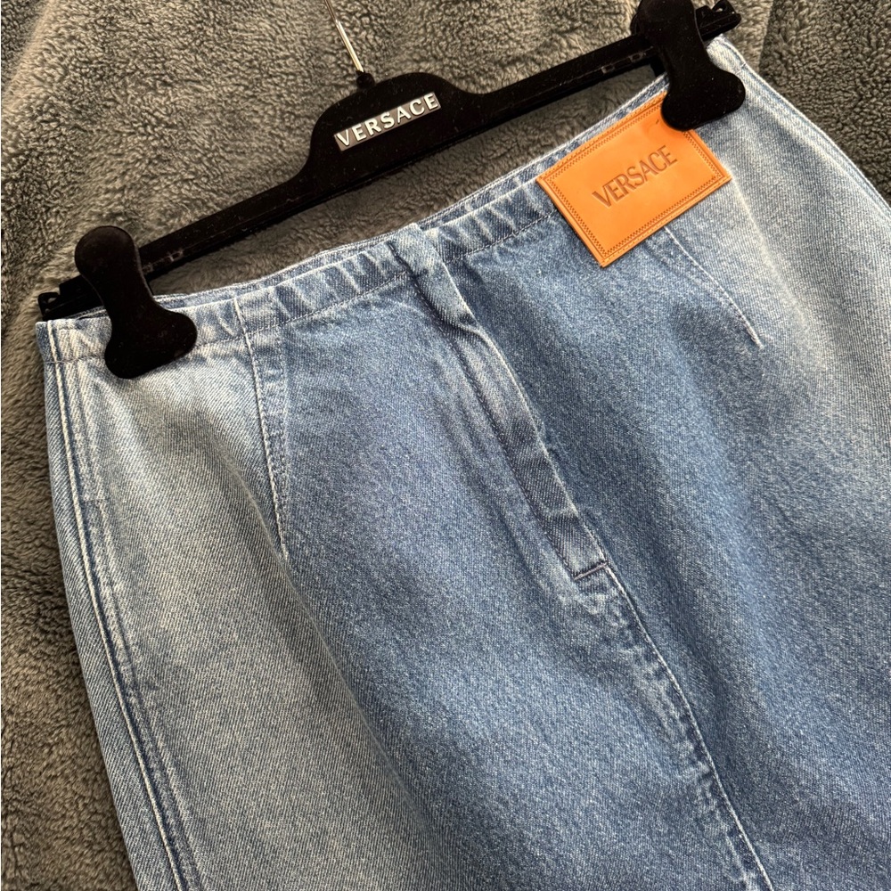 VERSACE Denim Mid Length Skirt in Stone Wash Blue Size 42 New With Tags